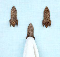 Natural Wooden Adhesive Rocket Shape Coat Wall Hook-Pack of 3