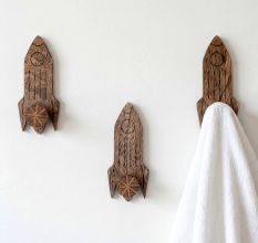 Natural Wooden Adhesive Rocket Shape Coat Wall Hook-Pack of 3