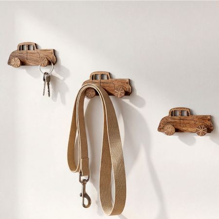 Natural Wooden Adhesive Car Design Wall Hooks-3 Pieces