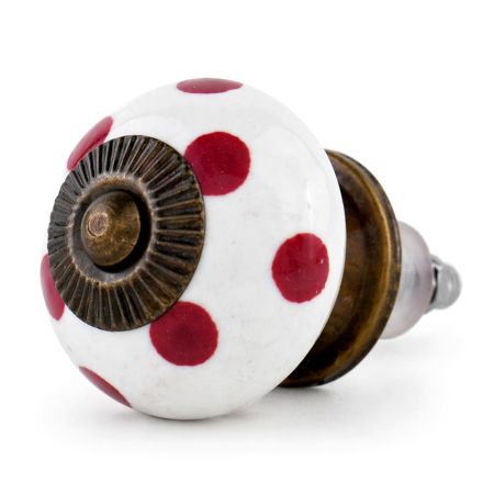 White Red Polka Dotted Ceramic Dresser Knob