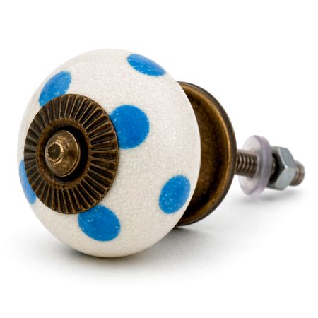 White Blue Polka Dots Ceramic Drawer Knob