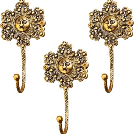 3 Pieces Handmade Yellow Brass Sun God Face Single Wall Hook